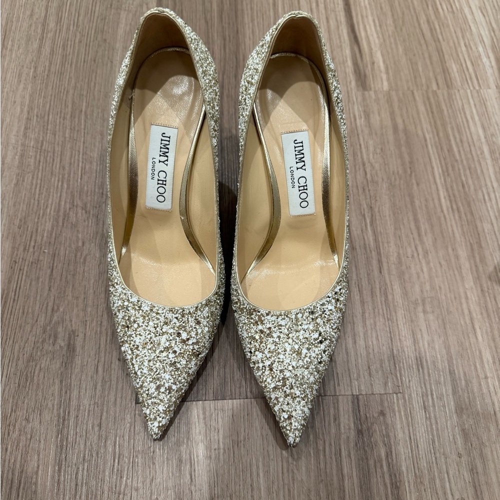 Jimmy Choo Gold Heels with Stiletto Design and Glitter Finish